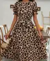 Kadın Kısa Kollu Yakalı Belden Kuşaklı Leopar Desenli Midi Süprem Elbise