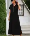 Kadın Kısa Kollu Yakalı Fermuarlı Uzun Viskon Iki Iplik Elbise