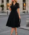 Kadın Kısa Kollu Yakalı önden Düğmeli Midi Ithal Krep Elbise