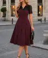 Kadın Kısa Kollu Yakalı önden Düğmeli Midi Ithal Krep Elbise