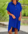 Kadın Kısa Kollu Yakalı Yandan Düğmeli ön Kısa Arkası Uzun Midi Dokuma Viskon Elbise