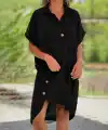 Kadın Kısa Kollu Yakalı Yandan Düğmeli ön Kısa Arkası Uzun Midi Dokuma Viskon Elbise