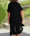 Kadın Kısa Kollu Yakalı Yandan Düğmeli ön Kısa Arkası Uzun Midi Dokuma Viskon Elbise