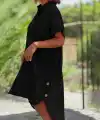Kadın Kısa Kollu Yakalı Yandan Düğmeli ön Kısa Arkası Uzun Midi Dokuma Viskon Elbise