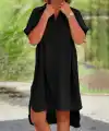 Kadın Kısa Kollu Yakalı Yandan Düğmeli ön Kısa Arkası Uzun Midi Dokuma Viskon Elbise