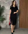 Kadın Kısa Kollu Yakalı Yırtmaçlı Midi Viskon Iki Iplik Elbise