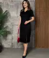 Kadın Kısa Kollu Yakalı Yırtmaçlı Midi Viskon Iki Iplik Elbise