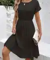 Kadın Kısa Kollu Yakası Açık Belden Lastikli Pileli Kısa Ithal Krep Elbise