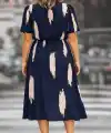 Kadın Kısa Kollu Yarı Balıkçı Yaka Ceplı Desenli Midi Elbise