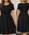 Kadın Kısa Kollu Yuvarlak Yaka Arkadan Düğmeli Viskon Midi Elbise