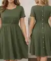 Kadın Kısa Kollu Yuvarlak Yaka Arkadan Düğmeli Viskon Midi Elbise