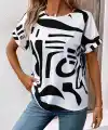 Kadın Kısa Kollu Yuvarlak Yaka Desenli Süprem Bluz