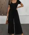 Kadın Kısa Kollu Yuvarlak Yaka Geniş Paçalı Bürümcük Tulum