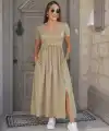 Kadın Kısa Kollu Yuvarlak Yaka önden Yırtmaçlı Cepli Viskon Uzun Elbise