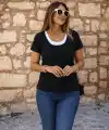 Kadın Kısa Kollu Yuvarlak Yakalı çift Renkli Viskon Bluz