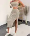 Kadın Kolsuz Askılı Crop Yırtmaçlı Midi Etek Fitilli Kaşkorse Takım