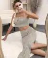 Kadın Kolsuz Askılı Crop Yırtmaçlı Midi Etek Fitilli Kaşkorse Takım