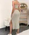 Kadın Kolsuz Askılı Crop Yırtmaçlı Midi Etek Fitilli Kaşkorse Takım
