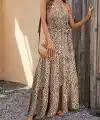 Kadın Kolsuz Halter Yaka Beli Lastiklileopar Desenli Mikro Elbise