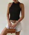 Kadın Kolsuz Halter Yaka Mini Baklava Desenli Triko Bluz