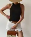 Kadın Kolsuz Halter Yaka Mini Baklava Desenli Triko Bluz