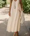 Kadın Kolsuz V Yakalı Maksi Boy Ithal Keten Elbise