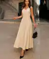 Kadın Kolsuz V Yakalı Maksi Boy Ithal Keten Elbise