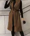 Kadın Kolsuz Yakalı önü Açık Belden Kuşaklı Süet Midi Yelek