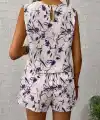 Kadın Kolsuz Yuvarlak Yakalı Desenli Bluz Ve şort Ikili Takım
