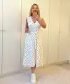 Kadın Kruvaze Yaka Kolsuz Puantiyeli Midi Boy Elbise