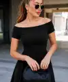 Kadın Madonna Yaka Kısa Kollu Kısa Janjan Krep Elbise
