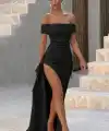 Kadın Madonna Yaka Pileli Derin Yırtmaçlı Uzun Ithal Krep Elbise
