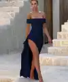 Kadın Madonna Yaka Pileli Derin Yırtmaçlı Uzun Ithal Krep Elbise