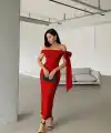 Kadın Omuz Dekolte Kurdele Detay Uzun Krep Elbise
