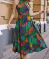 Kadın Omuzlardan Açık Daire Yaka Desenli Maxi Süprem Elbise