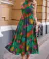 Kadın Omuzlardan Açık Daire Yaka Desenli Maxi Süprem Elbise