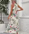Kadın Omuzlardan Açık Halter Yakalı Yırtmaçlı çiçek Desenli Süprem Elbise