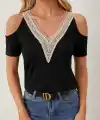 Kadın Omuzlardan Açık V Yakalı Viskon Bluz
