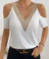 Kadın Omuzlardan Açık V Yakalı Viskon Bluz