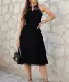 Kadın Omuzlardan Açık Yakadan Halka Aksesuar Detaylı Dantel Midi Viskon Elbise