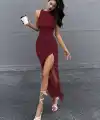 Kadın Omuzlardan Acık Yandan Buzgulu Yırtmaçlı Uzun Dalgıç Elbise