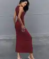 Kadın Omuzlardan Acık Yandan Buzgulu Yırtmaçlı Uzun Dalgıç Elbise