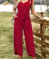 Kadın Omuzlardan Bağlamalı V Yakalı Beli Kuşaklı Aerobin Tulum