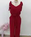 Kadın Omuzlardan Bağlamalı V Yakalı Beli Kuşaklı Aerobin Tulum