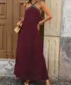 Kadın önden çapraz Lastik Detaylı Omuzlardan Açık Uzun Janjan Krep Elbise