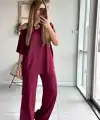Kadın Tek Omuzdan Açık Geniş Kesim Viskon Iki Iplik Bluz Ve Pantolon Ikili Takım