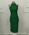 Kadın Tek Omuzdan Acık Onden Fıyonk Bagcık Detaylı Yırtmaçlı Midi Ithal Krep Elbise