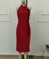 Kadın Tek Omuzdan Acık Onden Fıyonk Bagcık Detaylı Yırtmaçlı Midi Ithal Krep Elbise
