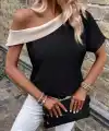 Kadın Tek Omuzu Açık Asimetrik Yaka Detaylı çift Renkli Ithal Krep Bluz