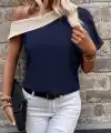 Kadın Tek Omuzu Açık Asimetrik Yaka Detaylı çift Renkli Ithal Krep Bluz